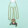 Women Fashion Rhinestone Bling Long Sweater Necklace - Pink & White Owl with Yellow Glasses