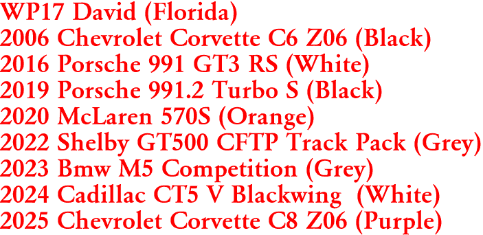 WP17 David (Florida)
2006 Chevrolet Corvette C6 Z06 (Black)
2016 Porsche 991 GT3 RS (White)
2019 Porsche 991.2 Turbo S (Black)
2020 McLaren 570S (Orange)
2022 Shelby GT500 CFTP Track Pack (Grey)
2023 Bmw M5 Competition (Grey)
2024 Cadillac CT5 V Blackwing (White)
2025 Chevrolet Corvette C8 Z06 (Purple)