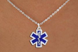 <BR>       WHOLESALE EMT NECKLACE <bR>                   EXCLUSIVELY OURS!! <Br> LEAD, NICKEL & CADMIUM FREE <BR> W1496SN - SILVER TONE, BLUE AND WHITE <BR>  FILL EMT CROSS WITH CADUCEUS CHARM  <BR>   NECKLACE  $9.83 �2013