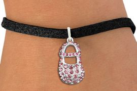 <bR>               EXCLUSIVELY OURS!!<Br>         AN ALLAN ROBIN DESIGN!! <BR>CLICK HERE TO SEE 120+ EXCITING <BR>   CHANGES THAT YOU CAN MAKE!<BR>   LEAD, NICKEL & CADMIUM FREE!! <BR>     W1276SB - "GIRL'S BABY SHOE"  <BR> PINK CRYSTAL CHARM & BRACELET <BR>     FROM $5.40 TO $9.85 2012