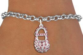 <bR>               EXCLUSIVELY OURS!!<Br>         AN ALLAN ROBIN DESIGN!! <BR>CLICK HERE TO SEE 120+ EXCITING <BR>   CHANGES THAT YOU CAN MAKE!<BR>   LEAD, NICKEL & CADMIUM FREE!! <BR>     W1276SB - "GIRL'S BABY SHOE"  <BR> PINK CRYSTAL CHARM & BRACELET <BR>     FROM $5.40 TO $9.85 2012