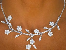<BR>                 LEAD AND NICKEL FREE!!<bR>    W8323NE - BEAUTIFUL SILVER TONE<br>SYNTHETIC PEARL & AUSTRIAN CRYSTAL<Br>FLOWER VINE NECKLACE & EARRING SET<Br>                  FROM $20.31 TO $37.50