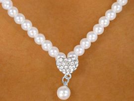 <BR>                   LEAD AND NICKEL FREE!!<BR>  W9438NE - GLOSSY WHITE FAUX PEARL<br>    & GENUINE AUSTRIAN CRYSTAL HEART<Br>NECKLACE & HYPOALLERGENIC TITANIUM<Br>POST EARRING SET FROM $9.75 TO $18.00