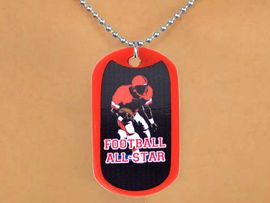 <Br>             LEAD & NICKEL FREE!!<Br>W12981N - "FOOTBALL ALL-STAR"<Br>      RED DOG TAG & BALL CHAIN<Br>      NECKLACE AS LOW AS $3.45