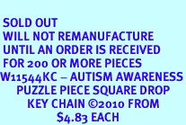  <BR><BR> SOLD OUT<BR> WILL NOT REMANUFACTURE<BR> UNTIL AN ORDER IS RECEIVED<BR> FOR 200 OR MORE PIECES<Br>W11544KC - AUTISM AWARENESS<br>      PUZZLE PIECE SQUARE DROP<Br>          KEY CHAIN &#169;2010 FROM<bR>                     $4.83 EACH