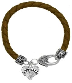 Genuine Brown Leather Crystal Softball Bracelet