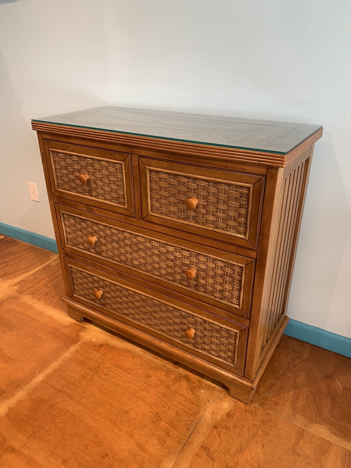 4 Drawer Split Wood and Wicker Chest of Drawers Sold