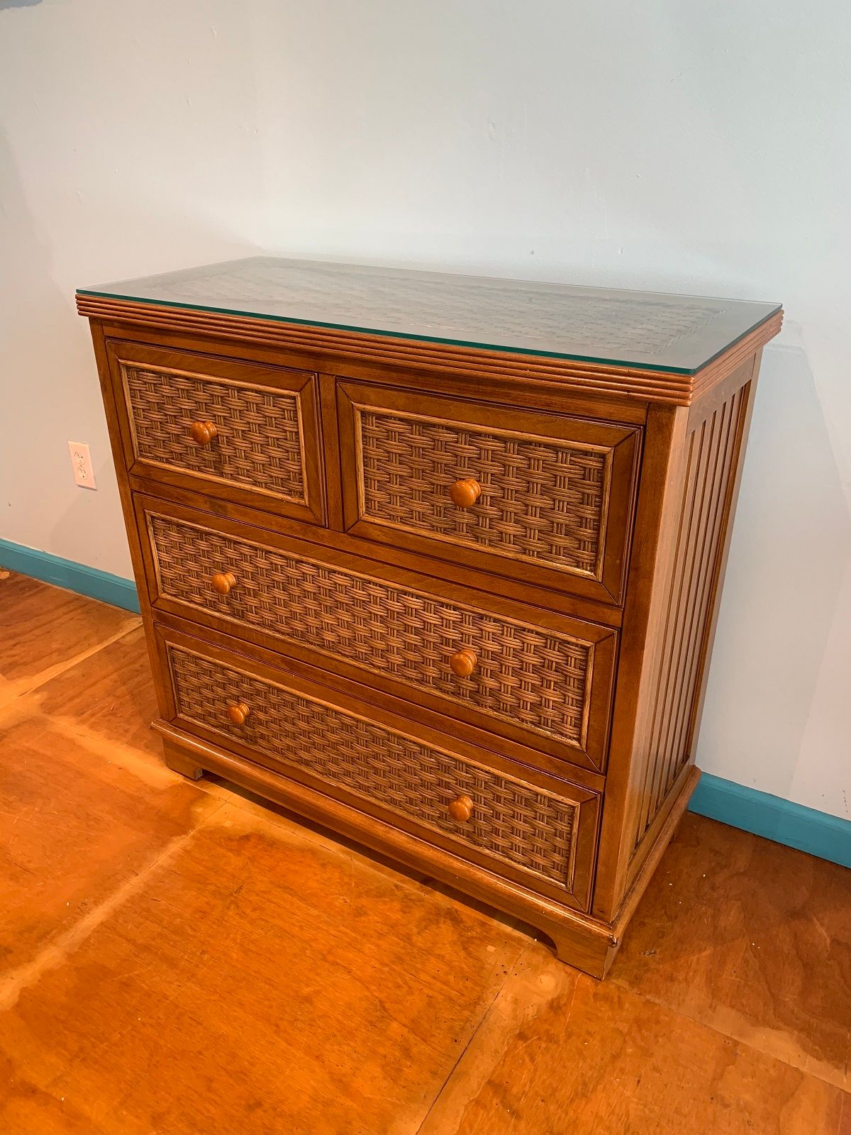 4 Drawer Split Wood and Wicker Chest of Drawers Sold