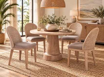Braxton Culler Lempa Wicker Dining Set of 5 - 48 Inch Round Wood Table (Available in 30 Finish Choices)
