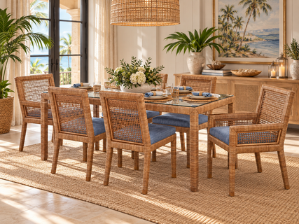 Braxton Culler Pine Isle Wicker Dining Set of 7 - 72 Inch Rectangular Glass Top (Available in 30 Finish Choices)