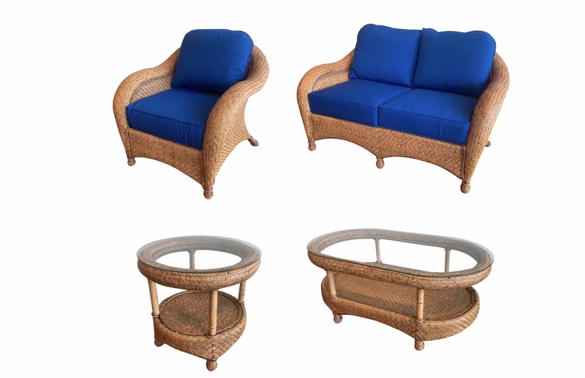 Bermuda Rattan Furniture Set of 4- Loveseat, Chair, End Table and Coffee Table