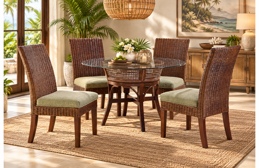 Braxton Culler Boone Wicker Dining Set of 5 - 48 Inch Round Glass Top (Available in 30 Finish Choices)