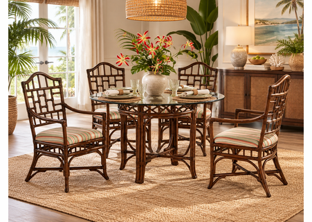 Braxton Culler Chippendale Rattan Round Dining Set Of 5-  48 Inch Round Glass Top (Available in 30 Finish Choices)