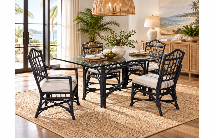 Braxton Culler Chippendale Wicker Dining Set of 5 - 78 Inch Rectangular Glass Top (Available in 30 Finish Choices)