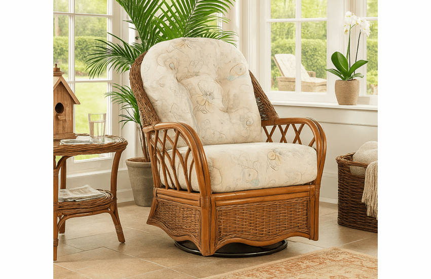 Braxton Culler Everglades Rattan Swivel Rocker: Shown in Havana Finish
