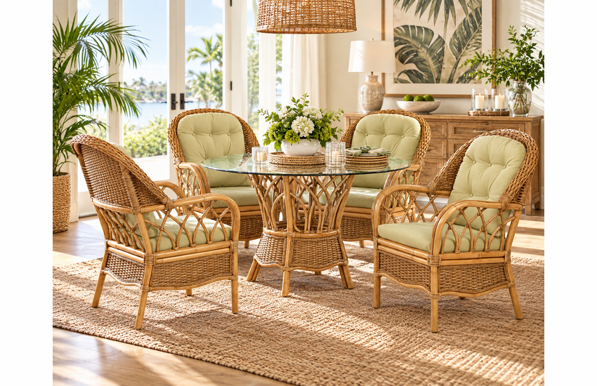 Braxton Culler Everglades Wicker Dining Set of 5 - 48 Inch Round Glass Top (Available in 30 Finish Choices)