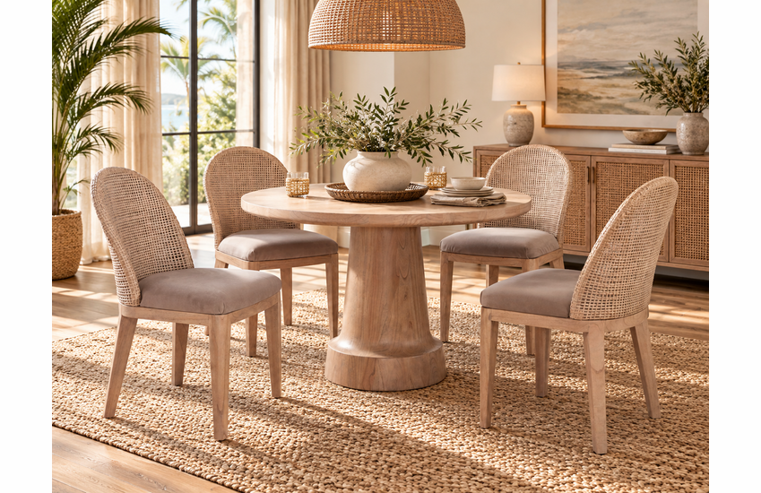 Braxton Culler Lempa Wicker Dining Set of 5 - 48 Inch Round Wood Table (Available in 30 Finish Choices)