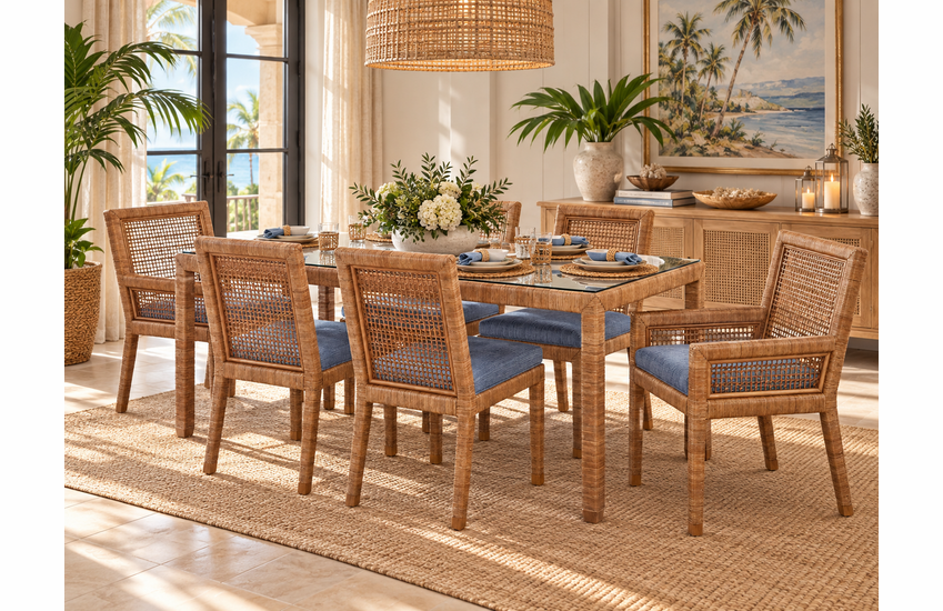 Braxton Culler Pine Isle Wicker Dining Set of 7 - 72 Inch Rectangular Glass Top (Available in 30 Finish Choices)