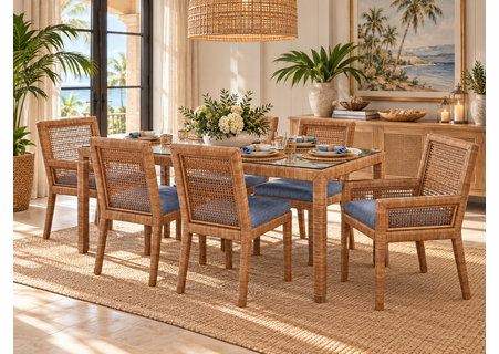 Braxton Culler Pine Isle Wicker Dining Set of 7 - 72 Inch Rectangular Glass Top (Available in 30 Finish Choices)