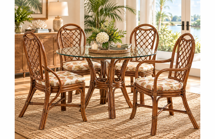 Braxton Culler Trellis Rattan Dining Set of 5 - 48 Inch Round Glass Top (Available in 30 Finish Choices)