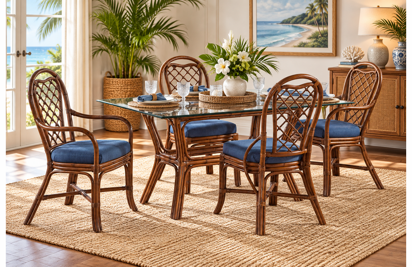 Braxton Culler Wicker Dining Set of 5 - 60 Inch Rectangular Glass Top (Available in 30 Finish Choices)