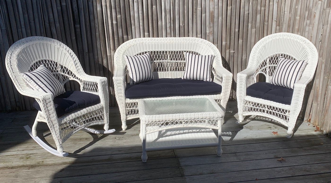 Cape Cod Outdoor Wicker Loveseat, 2 Rockers and Coffee Table Set