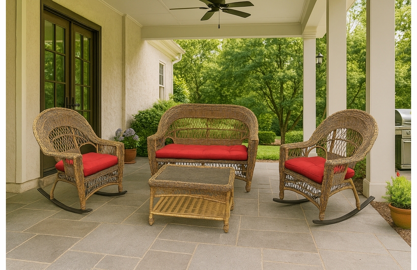 Cape Cod Outdoor Wicker Set of 4 in Natural Finish (2 Rockers, Loveseat, Coffee Table)