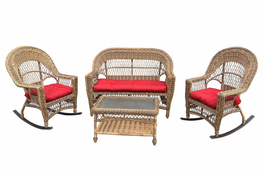 Cape Cod Outdoor Wicker Set of 4 in Natural Finish (2 Rockers, Loveseat, Coffee Table)