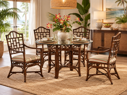 Braxton Culler Chippendale Rattan Round Dining Set Of 5- 48 Inch Round Glass Top (Available in 30 Finish Choices)