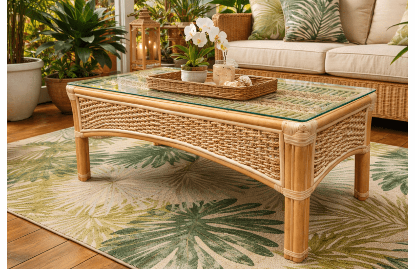 Crestwood Bay Rattan Coffee Table With Glass Top