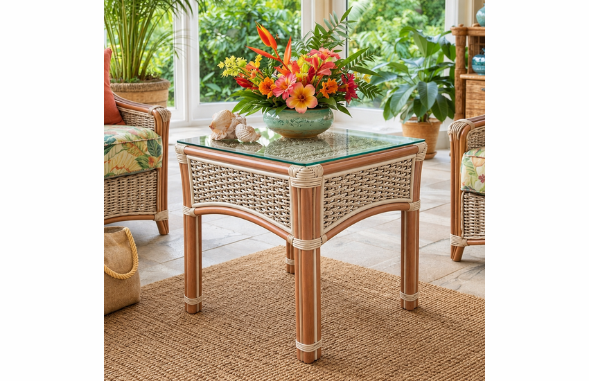 Crestwood Bay Rattan End Table With Glass Top