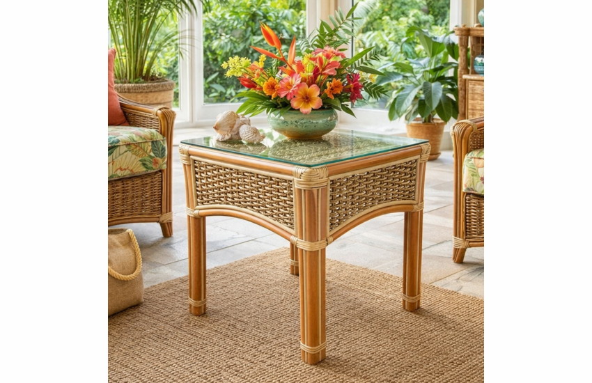 Crestwood Bay Rattan End Table With Glass Top