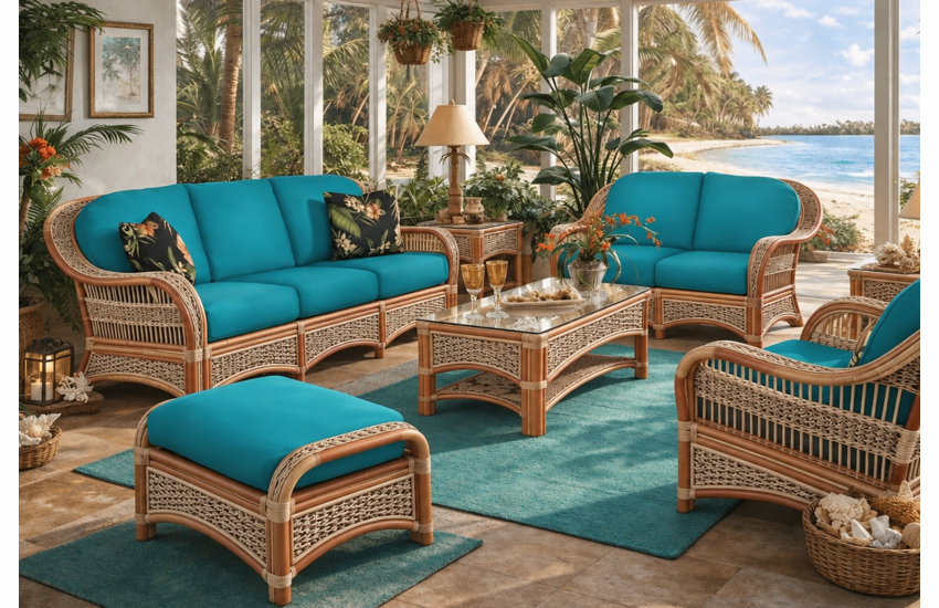 Crestwood Bay Rattan Set of 6 - Sofa, Loveseat, Chair, Ottoman, End Table, Coffee Table