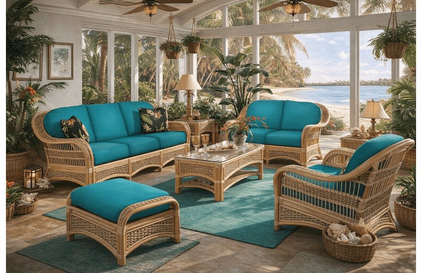 Crestwood Bay Rattan Set of 6 - Sofa, Loveseat, Chair, Ottoman, End Table, Coffee Table