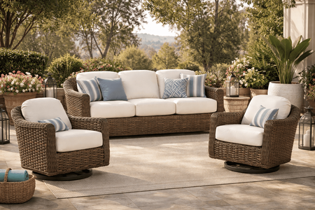 Lane Venture South Hampton Outdoor Wicker Set of 3: 2 Swivel Chairs and 1 Sofa   Sandalwood  finish only 