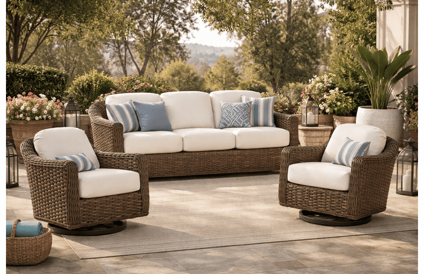 Lane Venture South Hampton Outdoor Wicker Set of 3: 2 Swivel Chairs and 1 Sofa   Sandalwood  finish only 