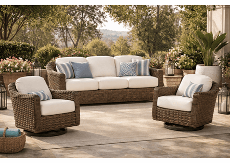 Lane Venture South Hampton Outdoor Wicker Set of 3: 2 Swivel Chairs and 1 Sofa   Sandalwood  finish only 