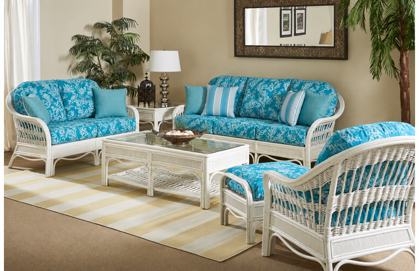Nantucket Rattan Set of 6: Sofa, Loveseat, Chair, Ottoman, End Table, Coffee Table