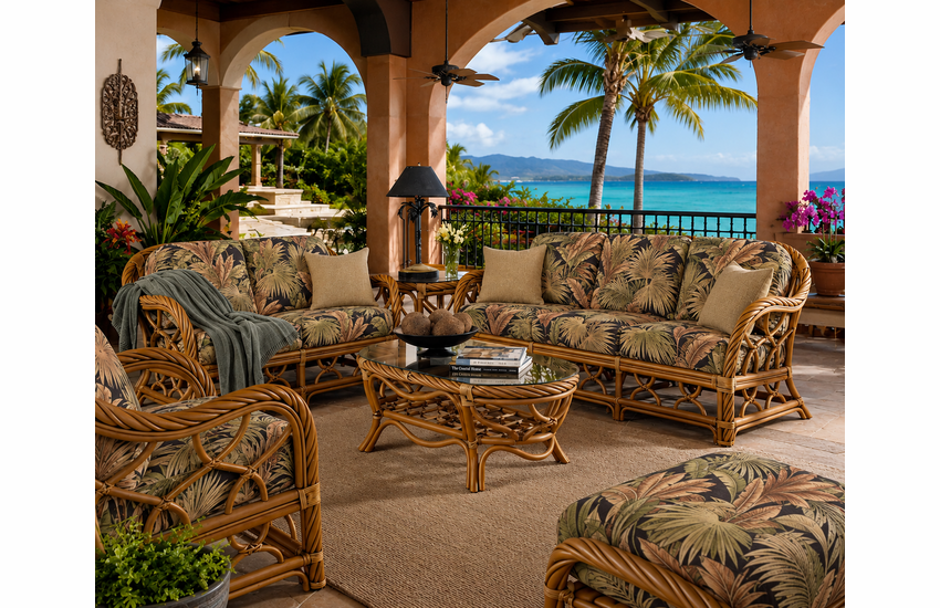New Twist Rattan Set of 5: Sofa, Chair, Ottoman, End Table and Coffee Table (No Loveseat)