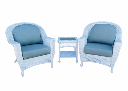 North Cape White Wicker Set of 3 - 2 Chairs and 1 End Table With Sunbrella Spa Fabric