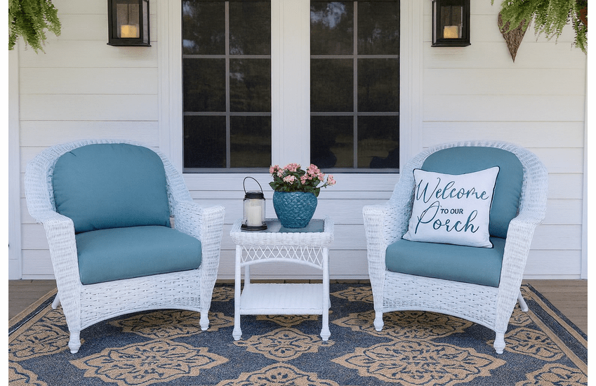 North Cape White Wicker Set of 3 - 2 Chairs and 1 End Table With Sunbrella Spa Fabric