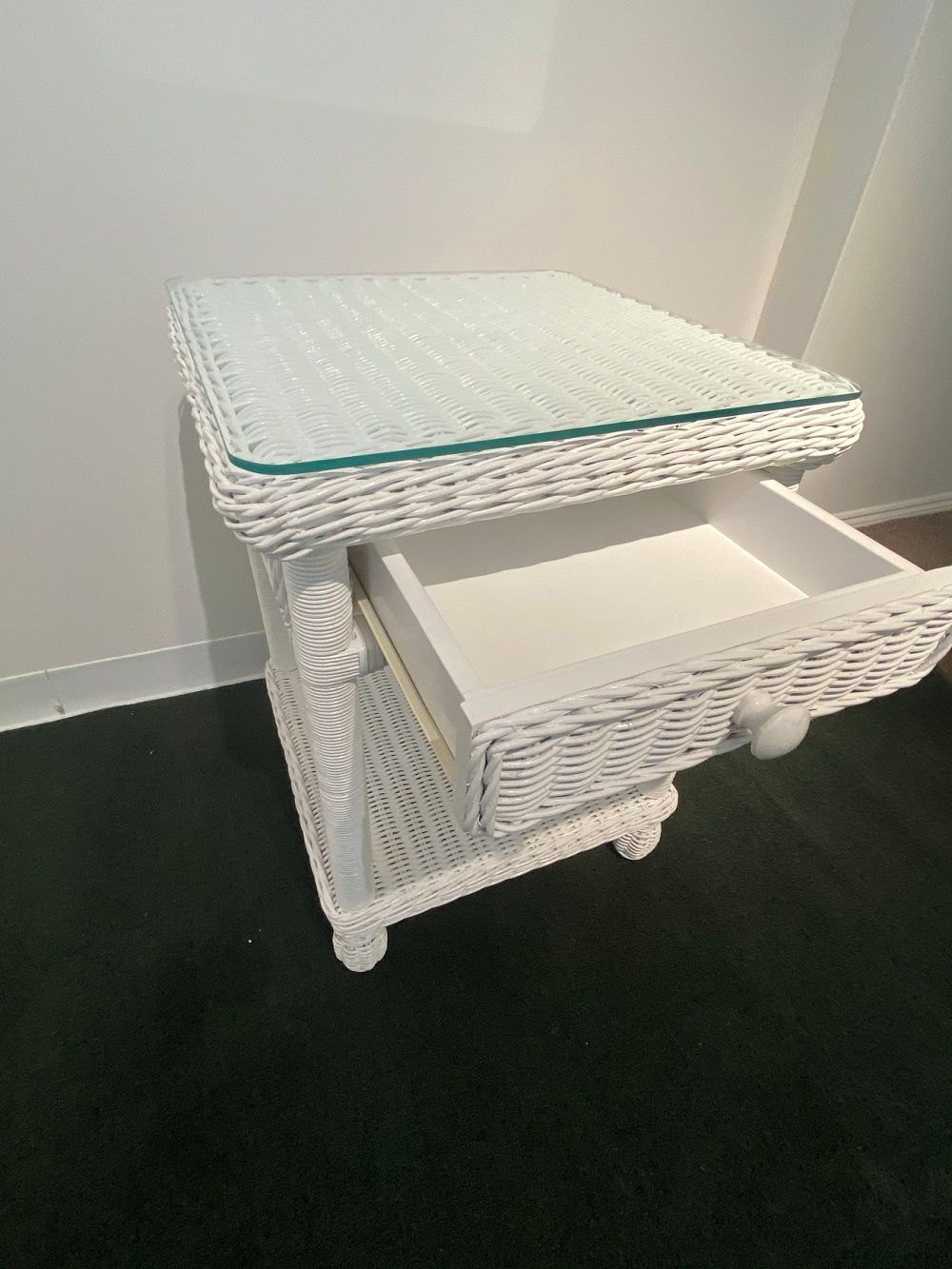 One Drawer Wicker Nightstand With Glass Top