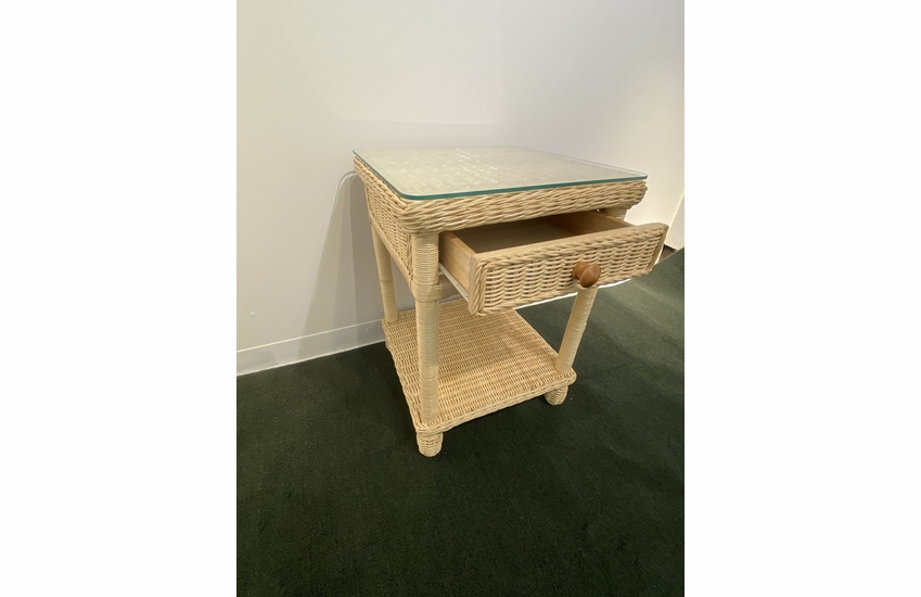 One Drawer Wicker Nightstand With Glass Top