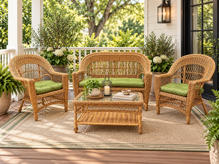 Outdoor Wicker Cape Cod Set in 4 In Natural Finish (Loveseat, 2 Chairs, Coffee Table)
