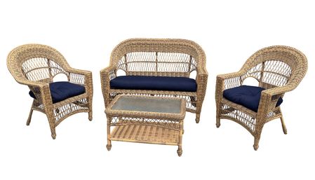 Outdoor Wicker Cape Cod Set in 4 In Natural Finish (Loveseat, 2 Chairs, Coffee Table)
