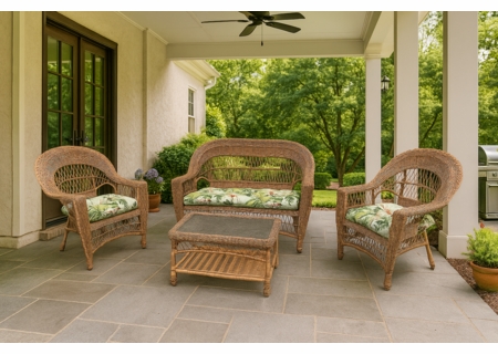 Outdoor Wicker Cape Cod Set in 4 In Natural Finish (Loveseat, 2 Chairs, Coffee Table)