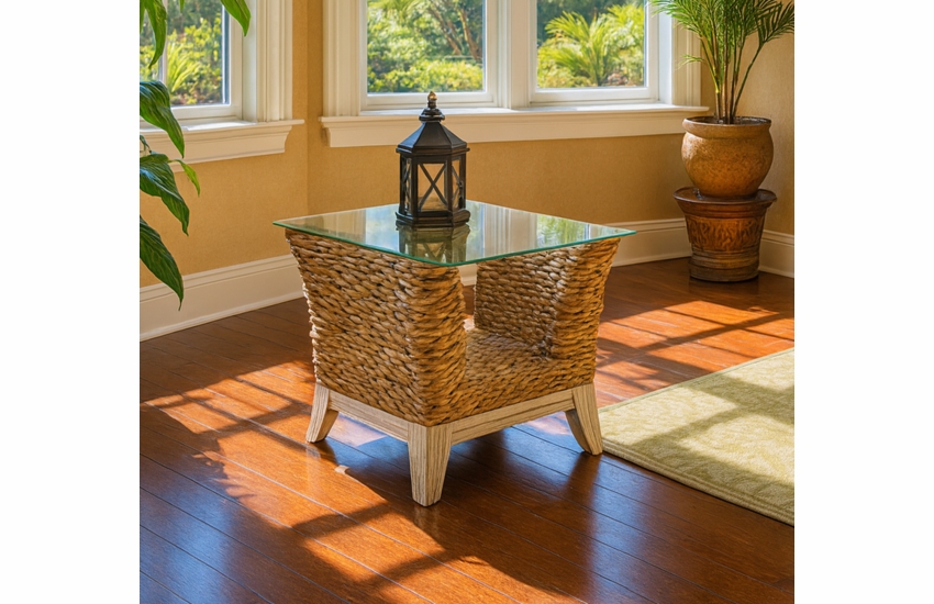 Palm Beach Banana Leaf End Table With Glass Top