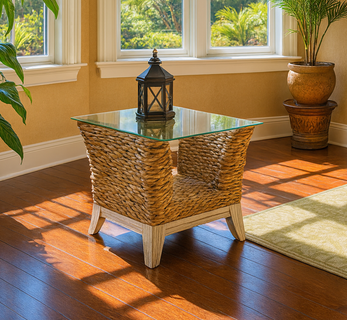 Palm Beach Banana Leaf End Table With Glass Top