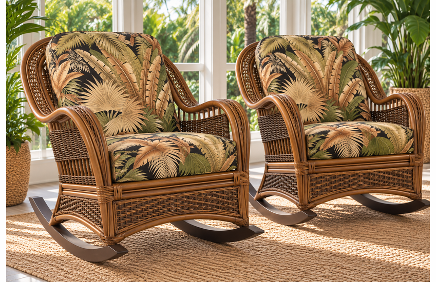 Quickship In Stock Tigre Bay Rocker Set of Two With Waverley Bahamian Breeze Coal Fabric
