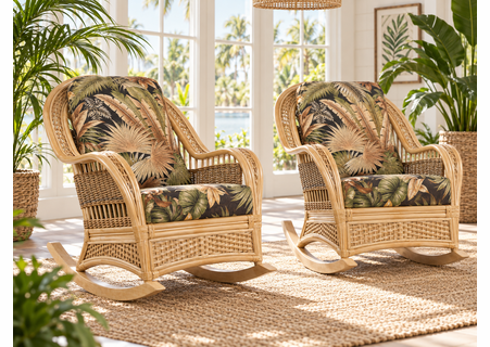 Quickship In Stock Tropical Breeze Rocker Set of Two With Waverley Bahamian Breeze Coal Fabric